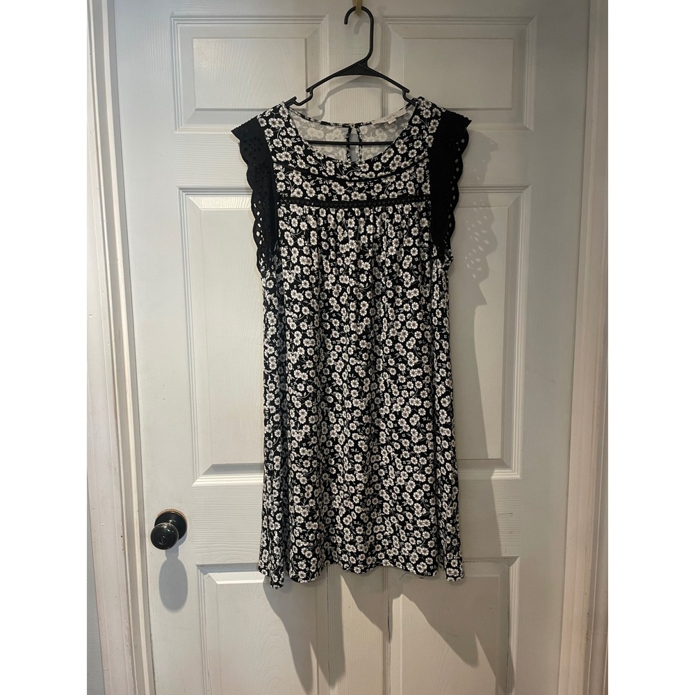 LOFT Womens Black White Floral Eyelet Lace Trim Sleeveless Shift Dress Large